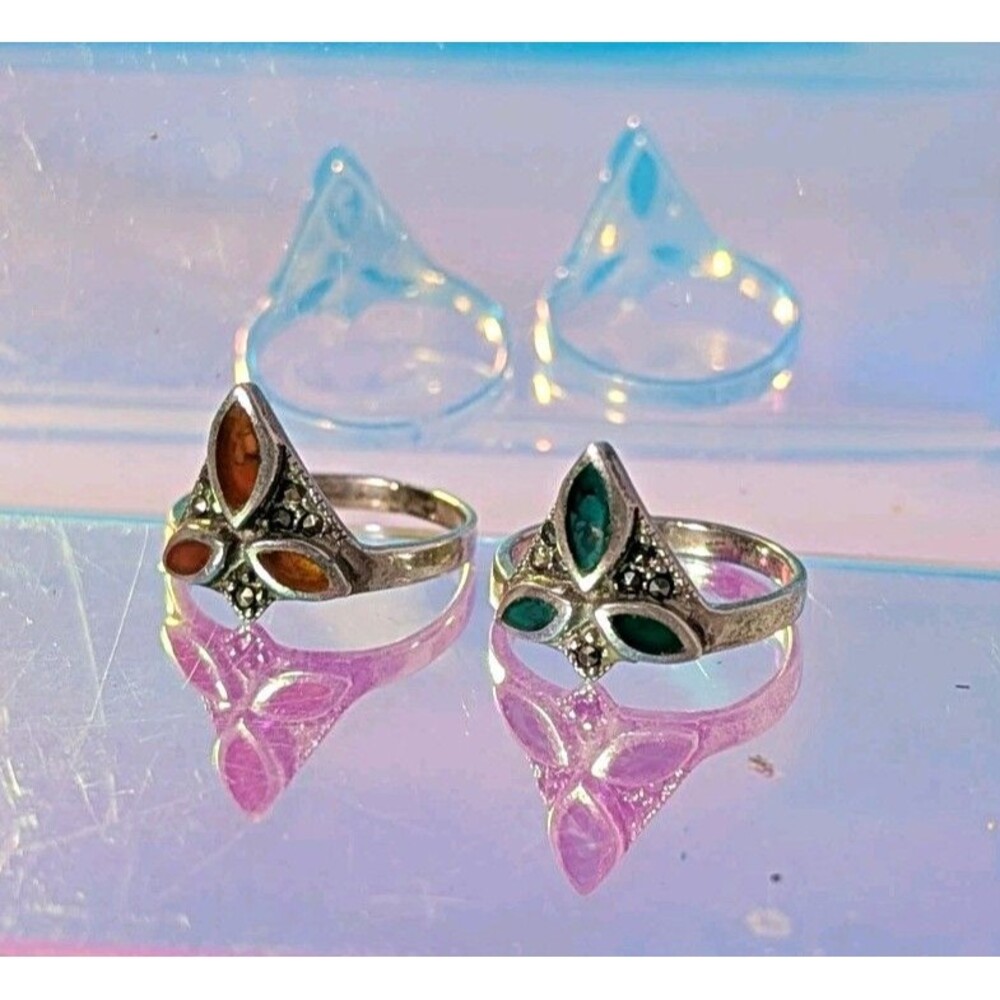 925 Silver Lot of 2 Marquise Green & Orange Stone Triangle Cocktail Rings size 6